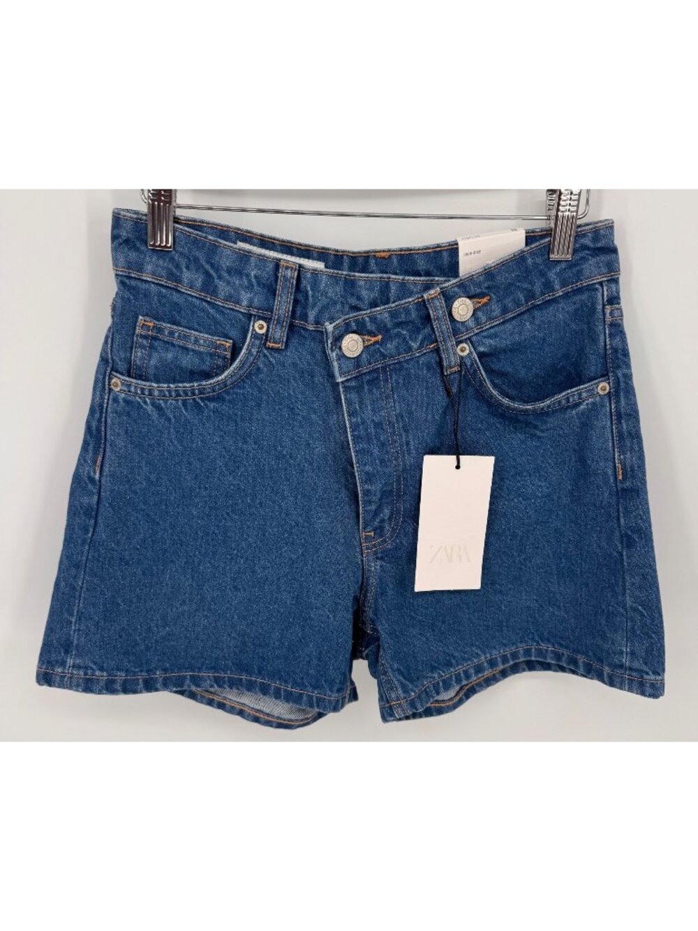 Zara Womens High-Rise Crossed Waist Mom Fit Bermuda Denim Jean Shorts Size 4